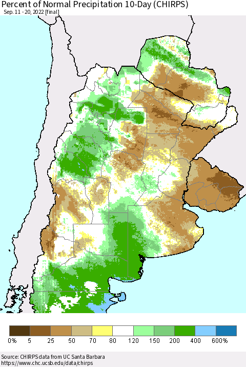 Southern South America Percent of Normal Precipitation 10-Day (CHIRPS) Thematic Map For 9/11/2022 - 9/20/2022
