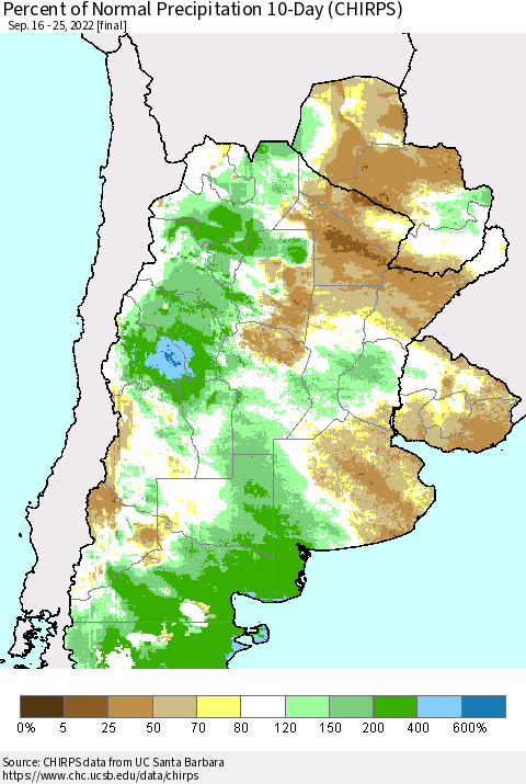 Southern South America Percent of Normal Precipitation 10-Day (CHIRPS) Thematic Map For 9/16/2022 - 9/25/2022