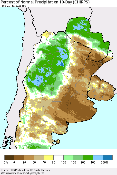 Southern South America Percent of Normal Precipitation 10-Day (CHIRPS) Thematic Map For 9/21/2022 - 9/30/2022