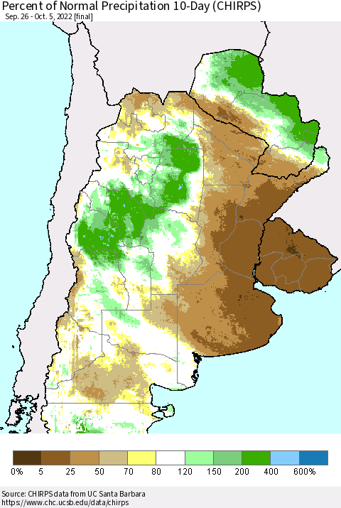 Southern South America Percent of Normal Precipitation 10-Day (CHIRPS) Thematic Map For 9/26/2022 - 10/5/2022