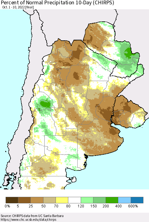 Southern South America Percent of Normal Precipitation 10-Day (CHIRPS) Thematic Map For 10/1/2022 - 10/10/2022