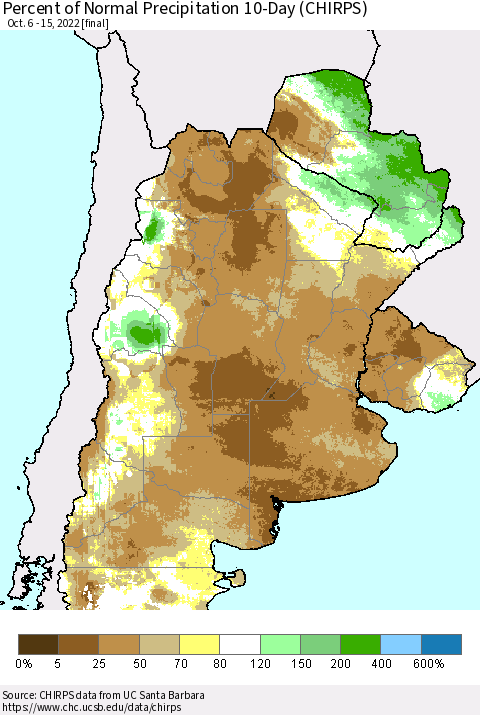 Southern South America Percent of Normal Precipitation 10-Day (CHIRPS) Thematic Map For 10/6/2022 - 10/15/2022