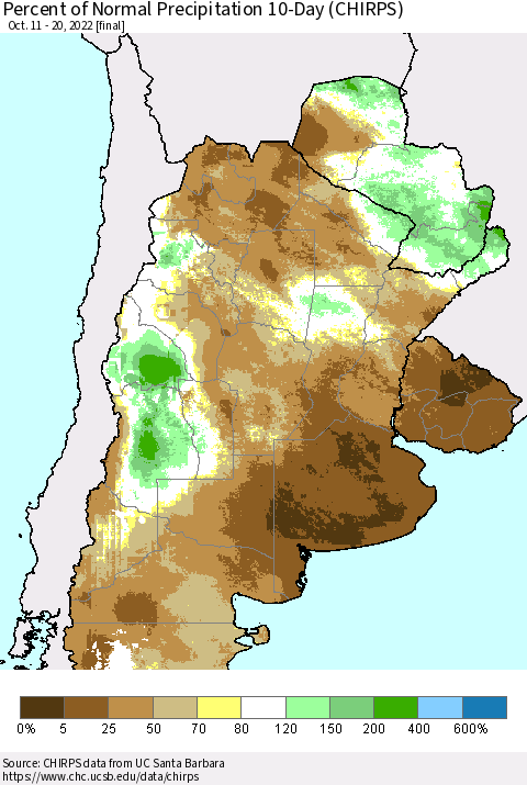 Southern South America Percent of Normal Precipitation 10-Day (CHIRPS) Thematic Map For 10/11/2022 - 10/20/2022