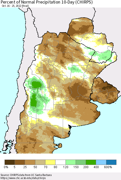Southern South America Percent of Normal Precipitation 10-Day (CHIRPS) Thematic Map For 10/16/2022 - 10/25/2022