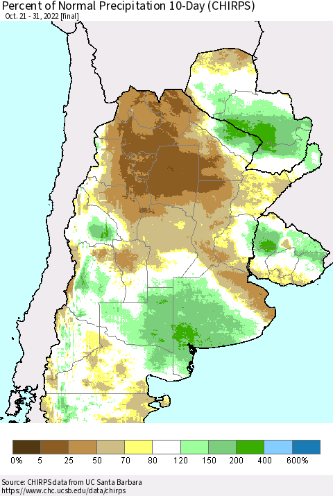 Southern South America Percent of Normal Precipitation 10-Day (CHIRPS) Thematic Map For 10/21/2022 - 10/31/2022