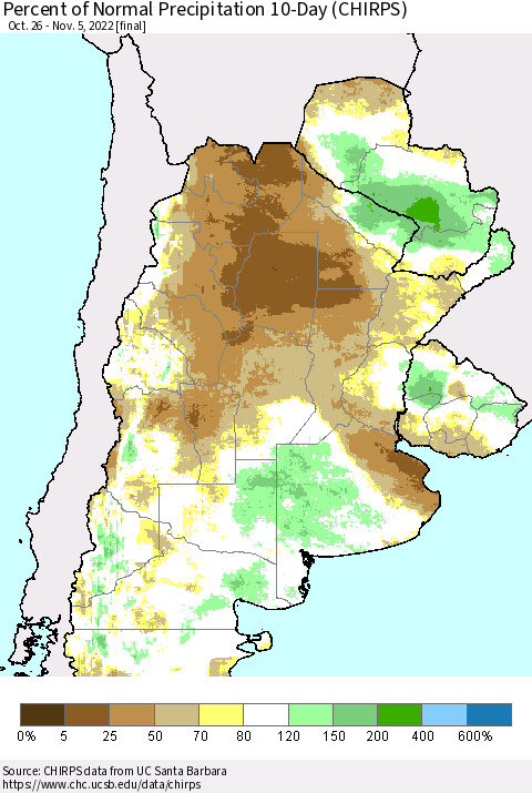 Southern South America Percent of Normal Precipitation 10-Day (CHIRPS) Thematic Map For 10/26/2022 - 11/5/2022