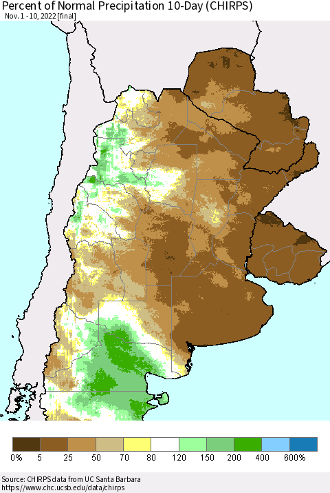 Southern South America Percent of Normal Precipitation 10-Day (CHIRPS) Thematic Map For 11/1/2022 - 11/10/2022