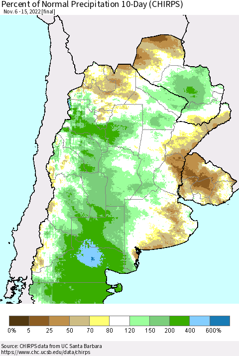 Southern South America Percent of Normal Precipitation 10-Day (CHIRPS) Thematic Map For 11/6/2022 - 11/15/2022