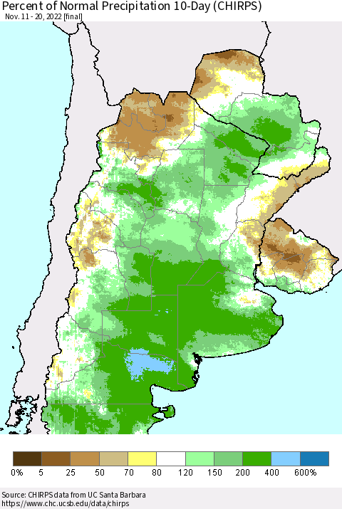 Southern South America Percent of Normal Precipitation 10-Day (CHIRPS) Thematic Map For 11/11/2022 - 11/20/2022