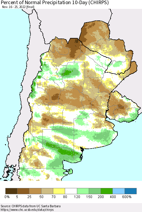 Southern South America Percent of Normal Precipitation 10-Day (CHIRPS) Thematic Map For 11/16/2022 - 11/25/2022