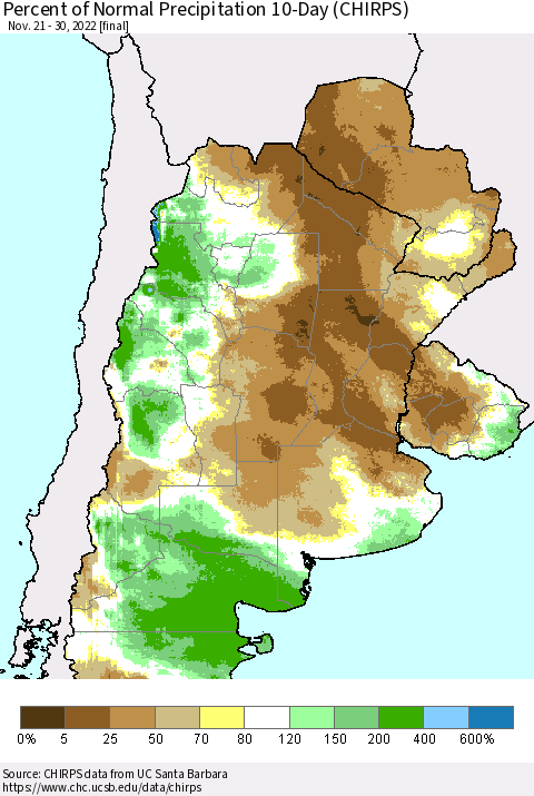 Southern South America Percent of Normal Precipitation 10-Day (CHIRPS) Thematic Map For 11/21/2022 - 11/30/2022