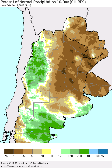 Southern South America Percent of Normal Precipitation 10-Day (CHIRPS) Thematic Map For 11/26/2022 - 12/5/2022