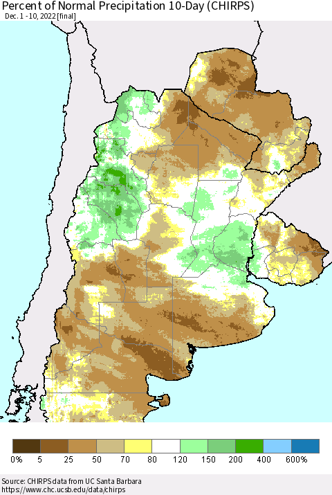 Southern South America Percent of Normal Precipitation 10-Day (CHIRPS) Thematic Map For 12/1/2022 - 12/10/2022