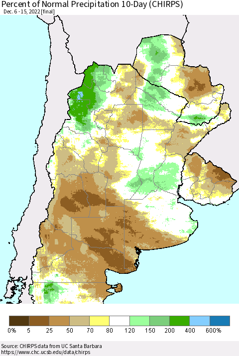 Southern South America Percent of Normal Precipitation 10-Day (CHIRPS) Thematic Map For 12/6/2022 - 12/15/2022