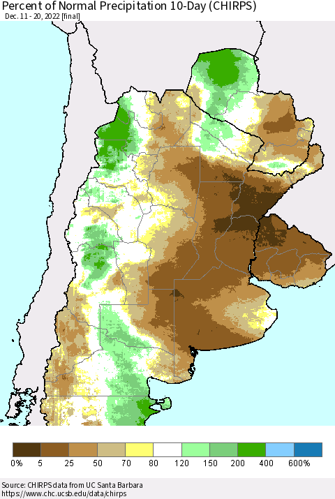 Southern South America Percent of Normal Precipitation 10-Day (CHIRPS) Thematic Map For 12/11/2022 - 12/20/2022