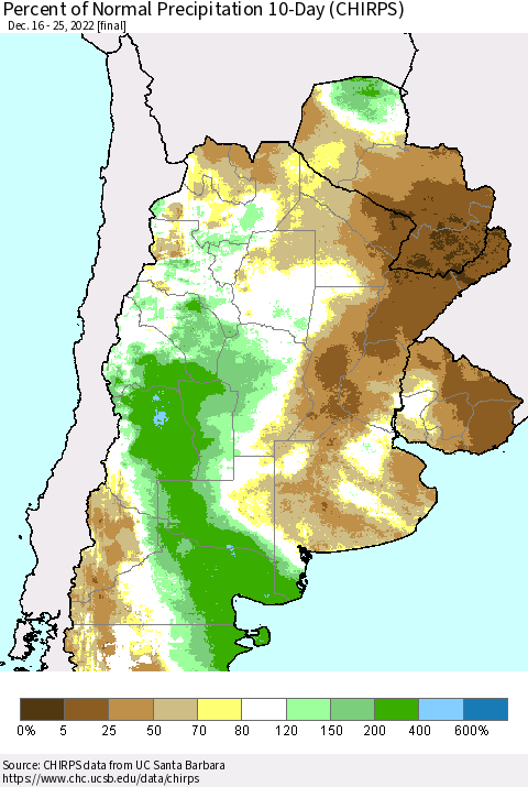 Southern South America Percent of Normal Precipitation 10-Day (CHIRPS) Thematic Map For 12/16/2022 - 12/25/2022