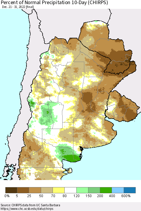 Southern South America Percent of Normal Precipitation 10-Day (CHIRPS) Thematic Map For 12/21/2022 - 12/31/2022