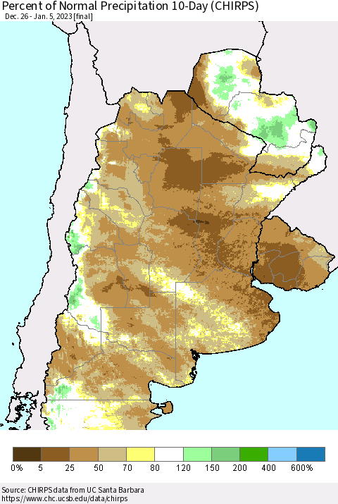 Southern South America Percent of Normal Precipitation 10-Day (CHIRPS) Thematic Map For 12/26/2022 - 1/5/2023