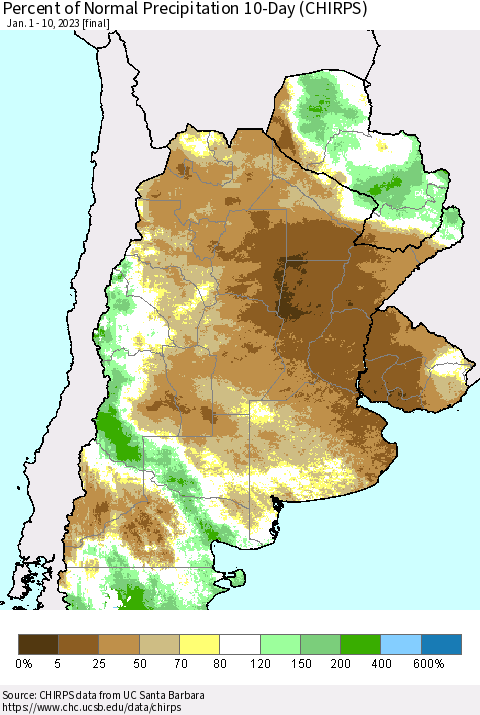 Southern South America Percent of Normal Precipitation 10-Day (CHIRPS) Thematic Map For 1/1/2023 - 1/10/2023