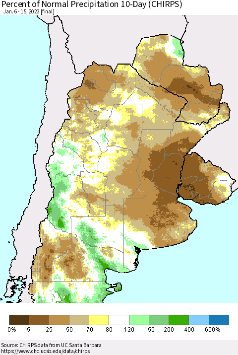 Southern South America Percent of Normal Precipitation 10-Day (CHIRPS) Thematic Map For 1/6/2023 - 1/15/2023