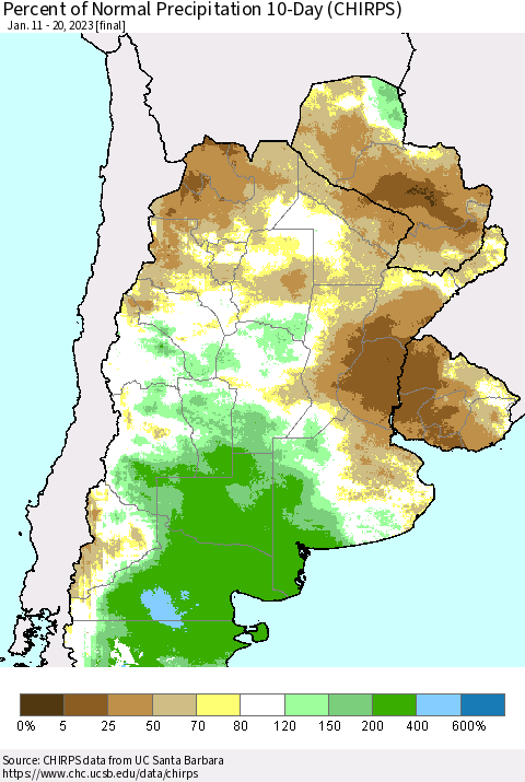 Southern South America Percent of Normal Precipitation 10-Day (CHIRPS) Thematic Map For 1/11/2023 - 1/20/2023