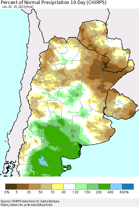 Southern South America Percent of Normal Precipitation 10-Day (CHIRPS) Thematic Map For 1/16/2023 - 1/25/2023