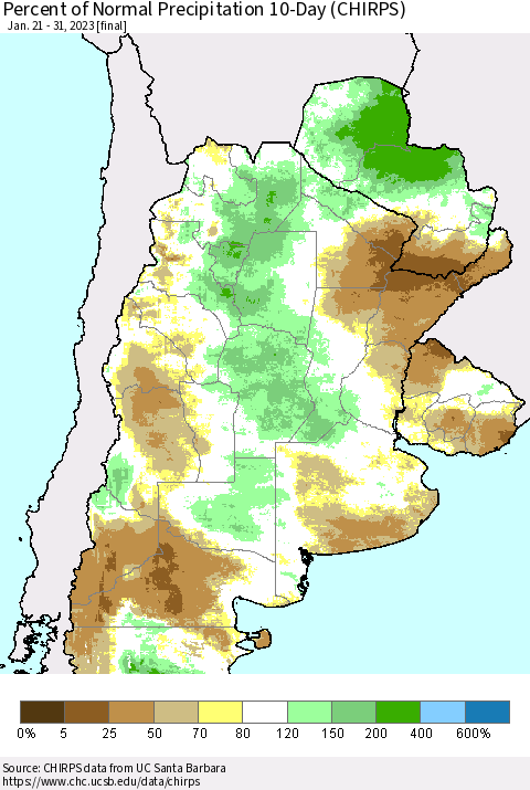 Southern South America Percent of Normal Precipitation 10-Day (CHIRPS) Thematic Map For 1/21/2023 - 1/31/2023