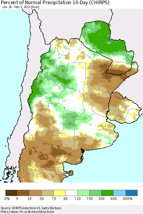 Southern South America Percent of Normal Precipitation 10-Day (CHIRPS) Thematic Map For 1/26/2023 - 2/5/2023