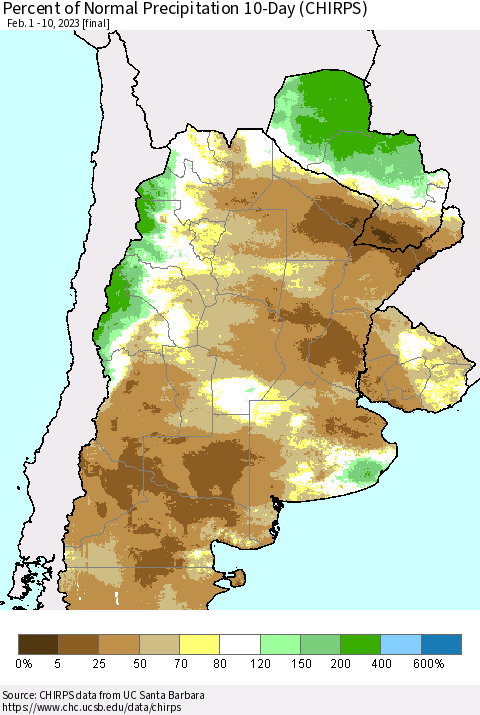 Southern South America Percent of Normal Precipitation 10-Day (CHIRPS) Thematic Map For 2/1/2023 - 2/10/2023