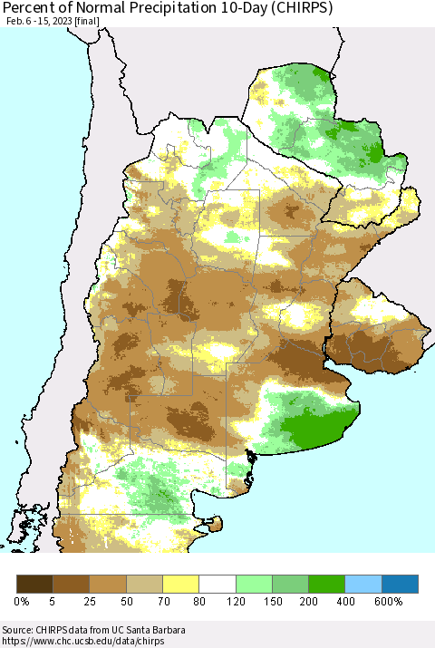 Southern South America Percent of Normal Precipitation 10-Day (CHIRPS) Thematic Map For 2/6/2023 - 2/15/2023