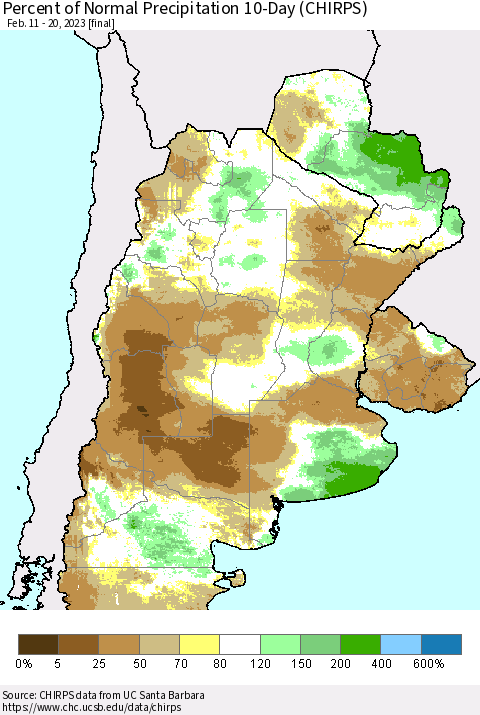 Southern South America Percent of Normal Precipitation 10-Day (CHIRPS) Thematic Map For 2/11/2023 - 2/20/2023