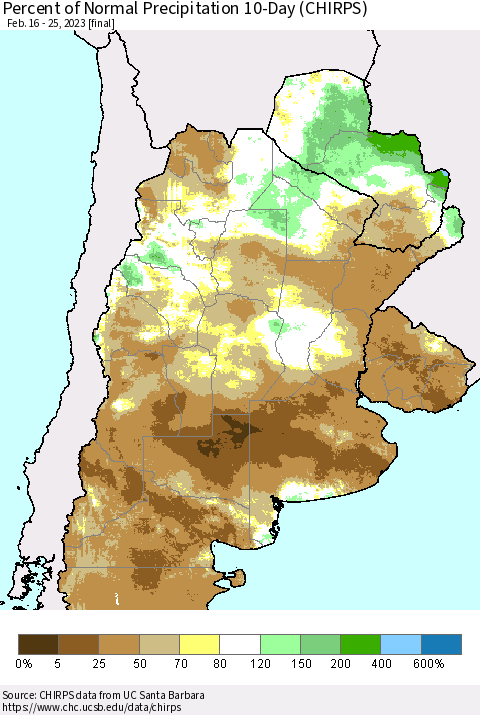 Southern South America Percent of Normal Precipitation 10-Day (CHIRPS) Thematic Map For 2/16/2023 - 2/25/2023