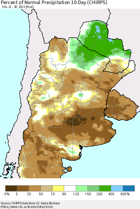 Southern South America Percent of Normal Precipitation 10-Day (CHIRPS) Thematic Map For 2/21/2023 - 2/28/2023