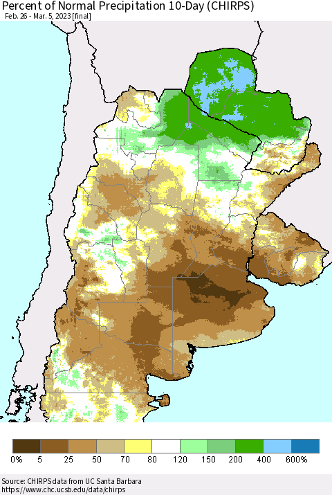 Southern South America Percent of Normal Precipitation 10-Day (CHIRPS) Thematic Map For 2/26/2023 - 3/5/2023