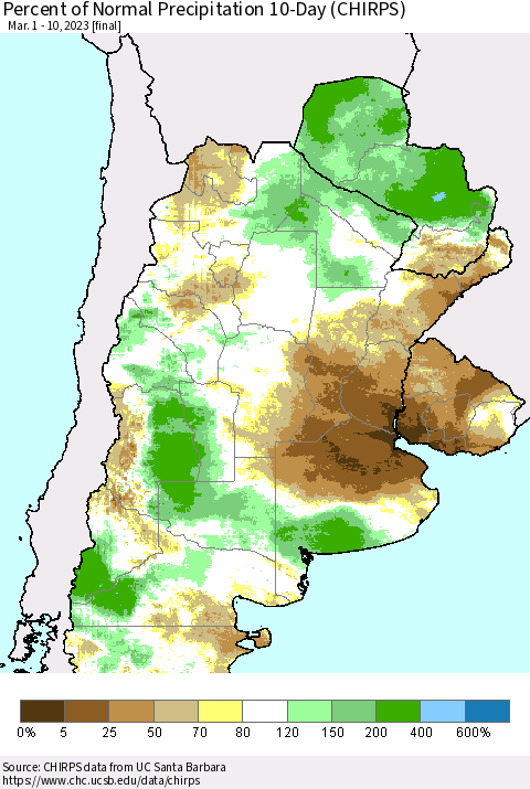 Southern South America Percent of Normal Precipitation 10-Day (CHIRPS) Thematic Map For 3/1/2023 - 3/10/2023