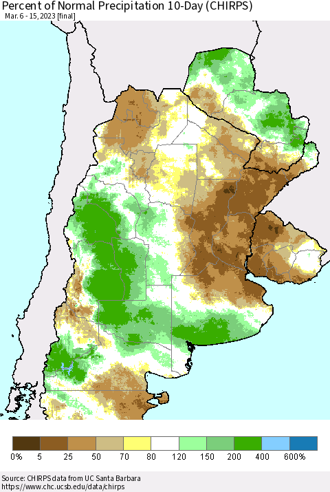 Southern South America Percent of Normal Precipitation 10-Day (CHIRPS) Thematic Map For 3/6/2023 - 3/15/2023