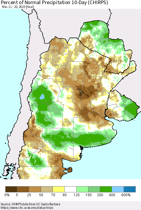 Southern South America Percent of Normal Precipitation 10-Day (CHIRPS) Thematic Map For 3/11/2023 - 3/20/2023