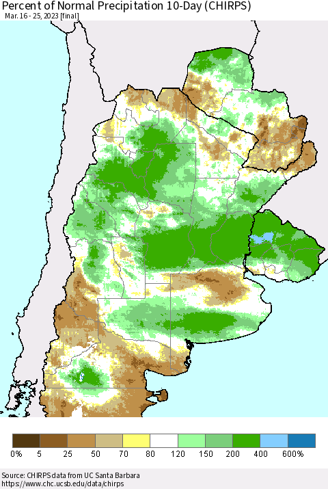 Southern South America Percent of Normal Precipitation 10-Day (CHIRPS) Thematic Map For 3/16/2023 - 3/25/2023