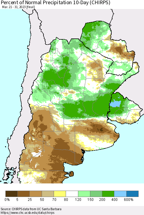 Southern South America Percent of Normal Precipitation 10-Day (CHIRPS) Thematic Map For 3/21/2023 - 3/31/2023