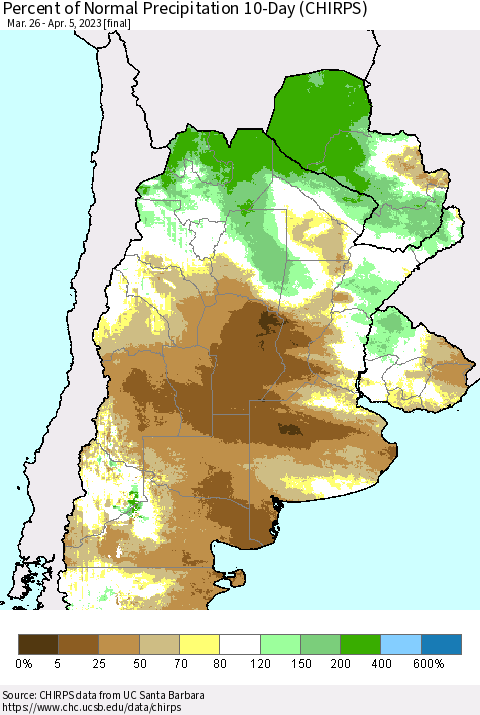 Southern South America Percent of Normal Precipitation 10-Day (CHIRPS) Thematic Map For 3/26/2023 - 4/5/2023