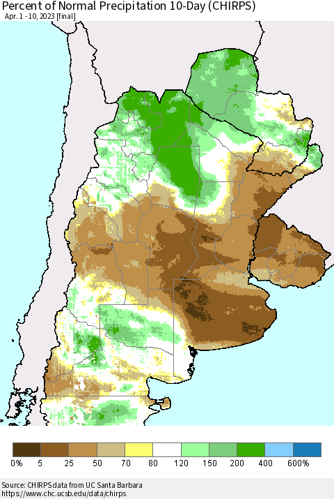 Southern South America Percent of Normal Precipitation 10-Day (CHIRPS) Thematic Map For 4/1/2023 - 4/10/2023