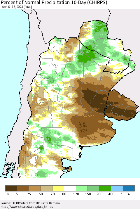 Southern South America Percent of Normal Precipitation 10-Day (CHIRPS) Thematic Map For 4/6/2023 - 4/15/2023