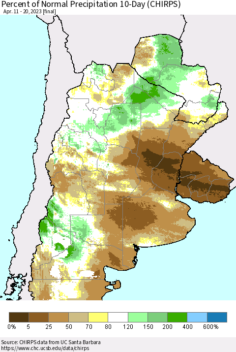 Southern South America Percent of Normal Precipitation 10-Day (CHIRPS) Thematic Map For 4/11/2023 - 4/20/2023