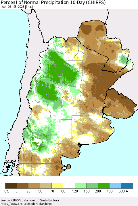 Southern South America Percent of Normal Precipitation 10-Day (CHIRPS) Thematic Map For 4/16/2023 - 4/25/2023