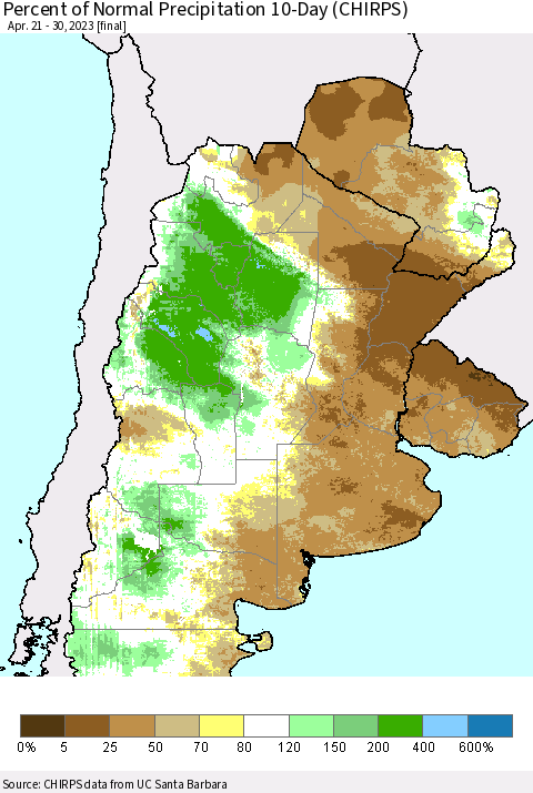 Southern South America Percent of Normal Precipitation 10-Day (CHIRPS) Thematic Map For 4/21/2023 - 4/30/2023