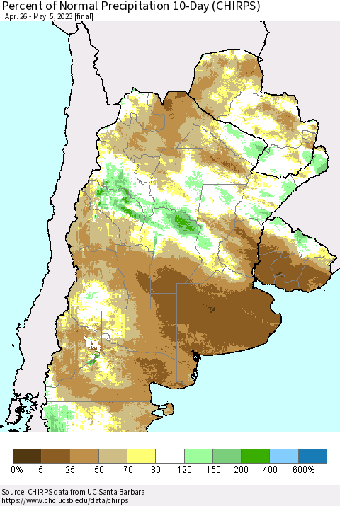 Southern South America Percent of Normal Precipitation 10-Day (CHIRPS) Thematic Map For 4/26/2023 - 5/5/2023