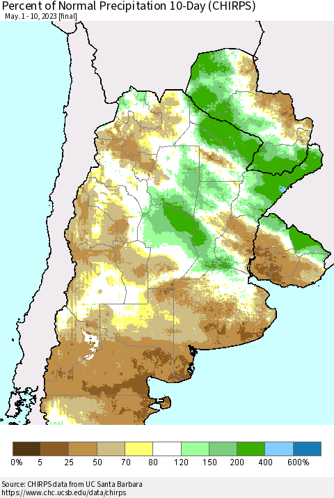 Southern South America Percent of Normal Precipitation 10-Day (CHIRPS) Thematic Map For 5/1/2023 - 5/10/2023