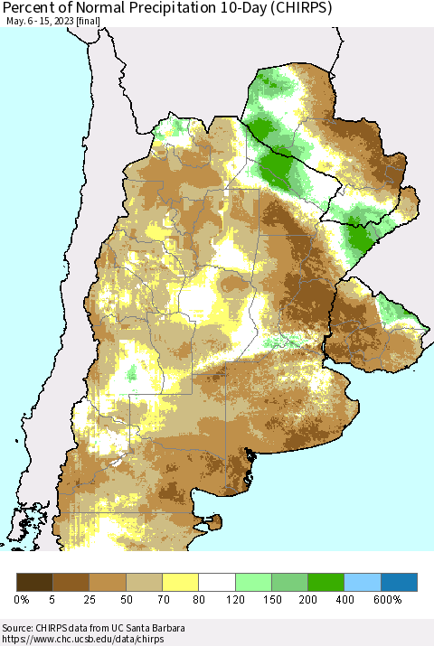 Southern South America Percent of Normal Precipitation 10-Day (CHIRPS) Thematic Map For 5/6/2023 - 5/15/2023