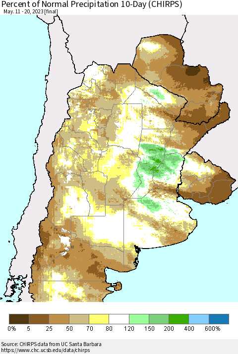 Southern South America Percent of Normal Precipitation 10-Day (CHIRPS) Thematic Map For 5/11/2023 - 5/20/2023
