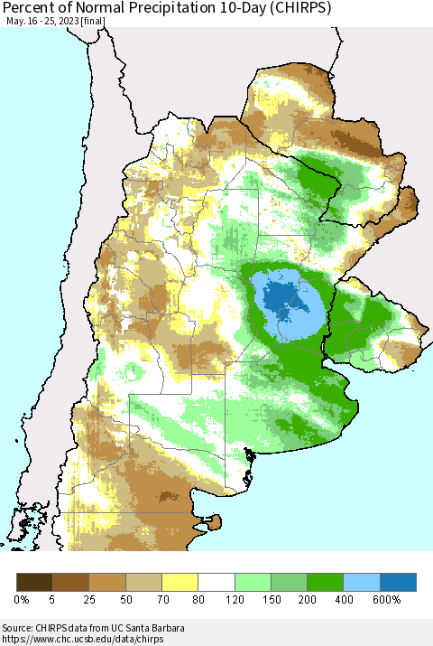 Southern South America Percent of Normal Precipitation 10-Day (CHIRPS) Thematic Map For 5/16/2023 - 5/25/2023